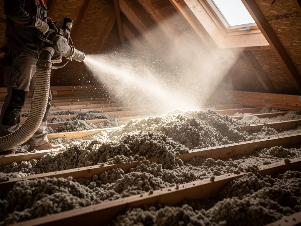 Cardeuse soufflant de la ouate de cellulose sur un plancher de comble